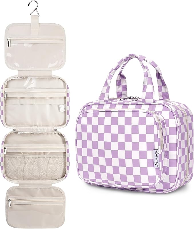 Hanging Toiletry Bag for Women Travel Makeup Bag Organizer Toiletries Bag for Travel Size Essentials Accessories Cosmetics (Purple Checkerboard (Medium))