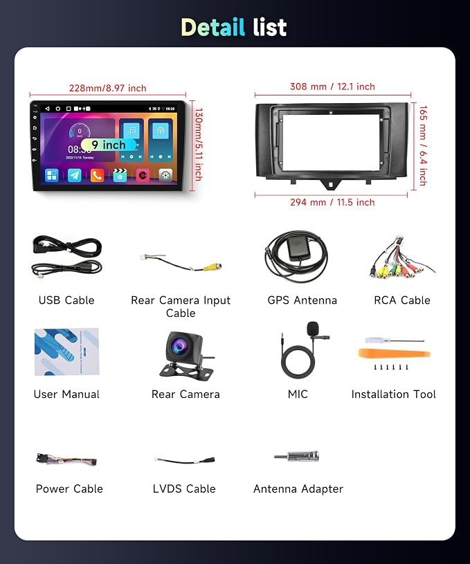 5Ghz WiFi Car Radio Stereo for Mercedes Benz Smart Fortwo 2011-2015, 9" Touch Screen/Android 15/Wireless CarPlay/Android Auto/DSP EQ/GPS Navigation/Bluetooth/FM/RDS/SWC/HD Backup Camera 2+64G
