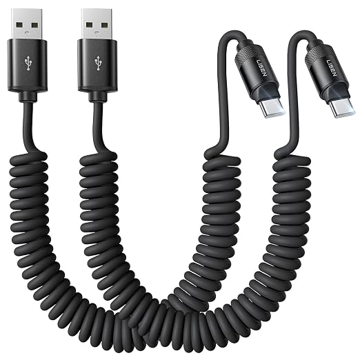 Coiled USB C Cable, 2 Pack for Android Auto & CarPlay Cable, Short USB A to USB C Cable Compatible with iPhone 17/16/15, Samsung Galaxy S25/S24/S23 A15/A14, Google Pixel 9/8, Space Black 6FT