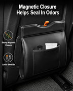 Leather Car Trash Can, Leak-Proof Odor-Lock Car Garbage Can with 60 Liners, Magnetic Closure & Liner-Hold, Storage Pocket, Metal Hooks, Hanging Car Trash Bin for SUV Sedan Truck, Black