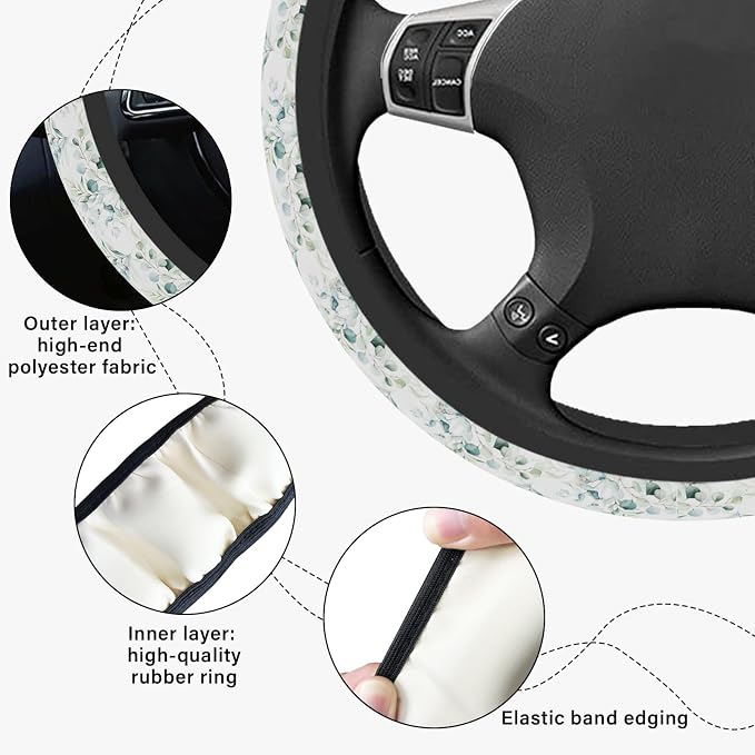 Leaf Steering Wheel Cover, Cute Print Steering Wheel Cover Protector, Ultra Thin Breathable Non-Slip, Car Accessories for Women, for Steering Wheel with a Diameter of 14.5"-15"