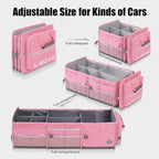 LIBZAKI Oversize 4 in 1 Car Trunk Storage Organizer, Multi Compartment Collapsible Trunk Storage Box with Cooler Bag for Car Truck SUV-Pink