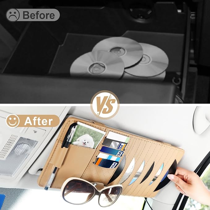 Sun Visor CD Case Holder for Car - Multi-Function Visor Organizer with CD/DVD Storage, Eyeglass Clip, Card Slots & Pen Holder, Durable Leather Car Accessories (Beige)