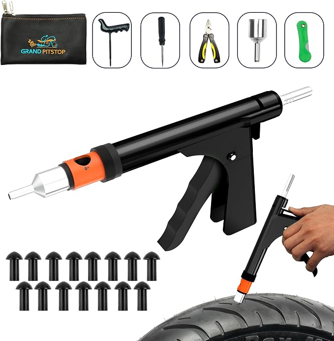 Tubeless Tire Gun Puncture Repair Kit with Mushroom Plug for Tyre Punctures and Flats on Cars, Motorcycles, ATV, Trucks & Tractors (Gun Puncture Kit with Hole 15 Plugs, Black)