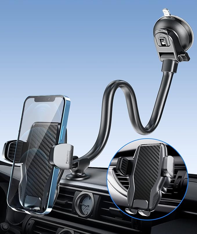 Car Phone Holder Mount Gooseneck Dashboard Windshield Suction Cup Phone Mount Anti-Shake Stabilizer Phone Car Cradle Compatible with All Cellphones & Thick Phone Case-H3S Carbon Fiber Style