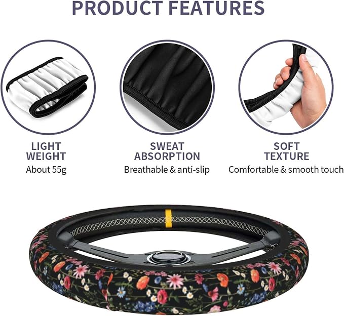 Wildflower Car Steering Wheel Cover + 2 Car Flower Cup Coasters | Anti-slip Universal Breathable 14 - 15-In For Women Wildflower Steering Wheel protection