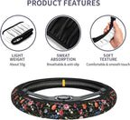 Wildflower Car Steering Wheel Cover + 2 Car Flower Cup Coasters | Anti-slip Universal Breathable 14 - 15-In For Women Wildflower Steering Wheel protection