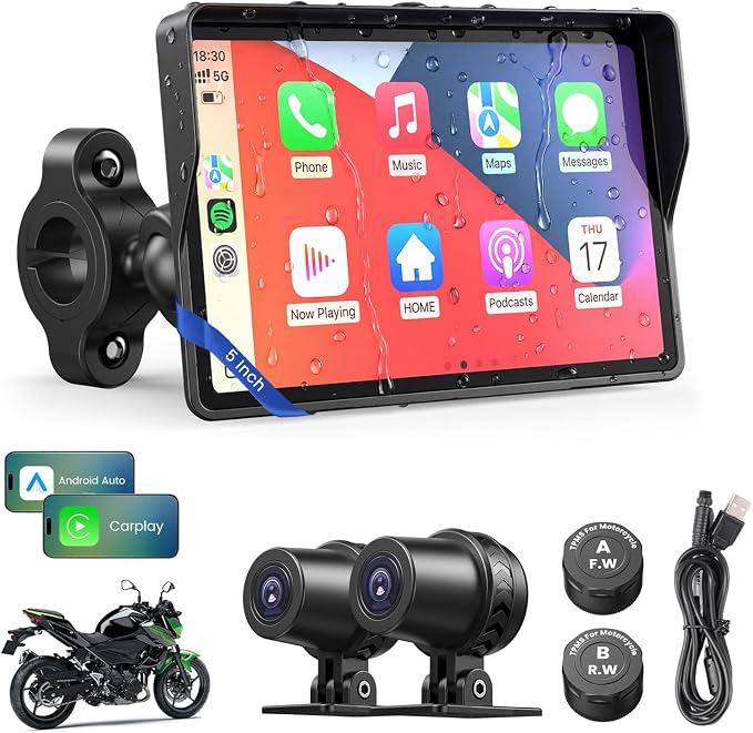Motorcycle CarPlay Screen with Android Auto – 5” Waterproof GPS, Pantalla para Moto, Apple CarPlay, Navigation System for Motorcycle, Dual 2K Dash Cam Bluetooth Audio & TPMS (No SD Card)