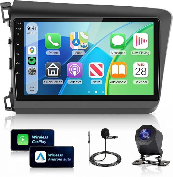2+64G Car Stereo for Honda Civic 2012 2013 2014 2015 Wireless Carplay & Android Auto, 9 Inch Touch Screen Car Radio for Civic Bluetooth GPS Navigation DSP WiFi FM SWC for Honda Civic Radio