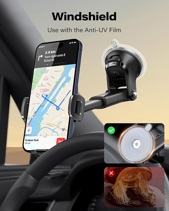 Car Phone Mount with Suction Cup, Universal Windshield Dashboard Holder with Sticky Gel Pad, Compatible with iPhone 17/16/15/14/13, Samsung, Most Smartphones