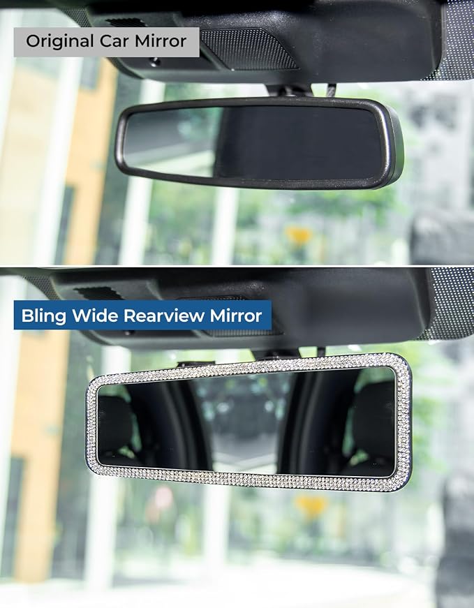 Rear View Mirror, Universal 12 Inch Panoramic Rearview Accessories with Bling Rhinestones Crystal Diamonds Edge, Interior Clip-on Wide Angle Rear View Mirror -White