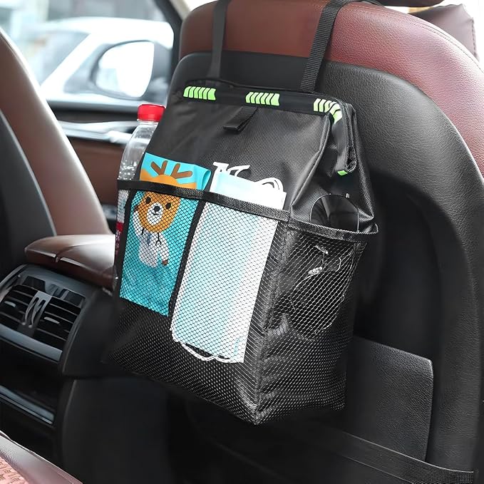 Car Trash Bag, Leak-Proof Large Capacity 3.4 Gallons Hanging Vehicle Trash Bin with Storage Pocket, Multipurpose Portable Auto Garbage Bag for Travel, Universal Fit (Black)