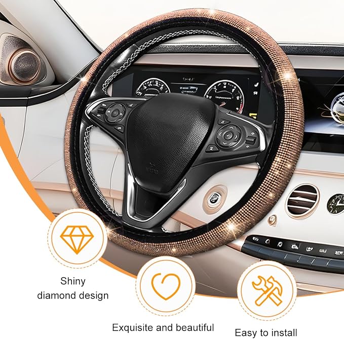 11PCS/Set Bling Car Accessories Set for Women, Rhinestone Vehicle Steering Wheel Cover Seat Belt Cushion Gear Shift Protector Cup Holder Coaster, Universal Automotive Accessories (Champange)