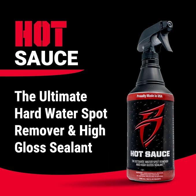 Hot Sauce Hard Water Spot Remover with Wax Sealants, 1 Gallon | Hard water spot remover cleans without stripping wax, adds glossy sealants and works on boats, RVs, autos and glass