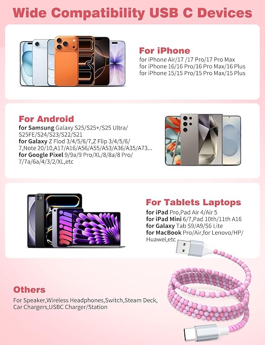 USB A to USB C Cable 6FT,Beaded Charger Cord for iPhone 17 16 Pro Max 16e 15 Car play,Type C Cute Car Charger Cord for iPad 10 11th A16/Samsung S26 S25 S24 S23/Pixel/Android Phone Girls Women,LinkPink