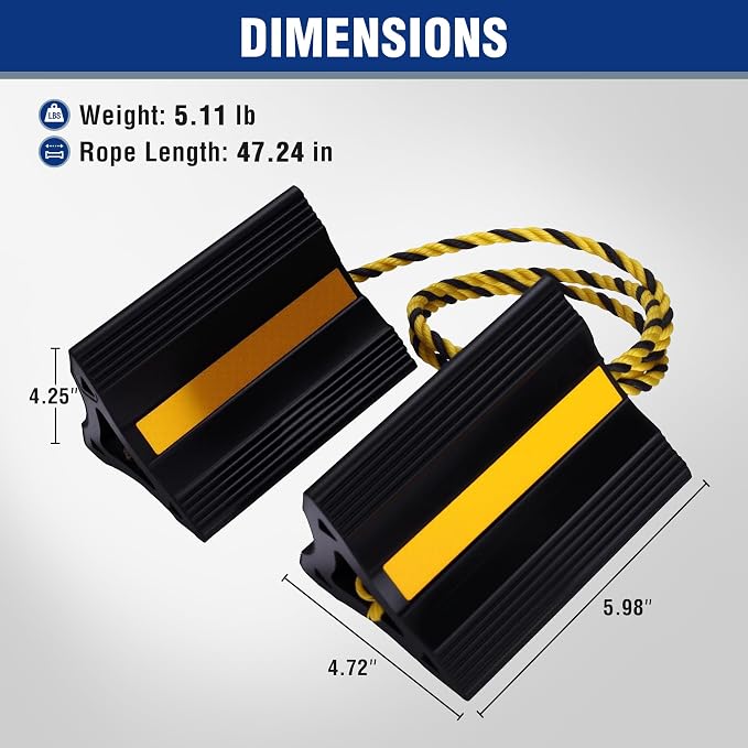 4-Pack Rubber Wheel Chocks with Rope & 3 Reflective Strips, Heavy Duty Non-Slip Tire Stoppers for Cars, SUVs & Trailers, Rubber Wheel Wedges for Garage & Driveway