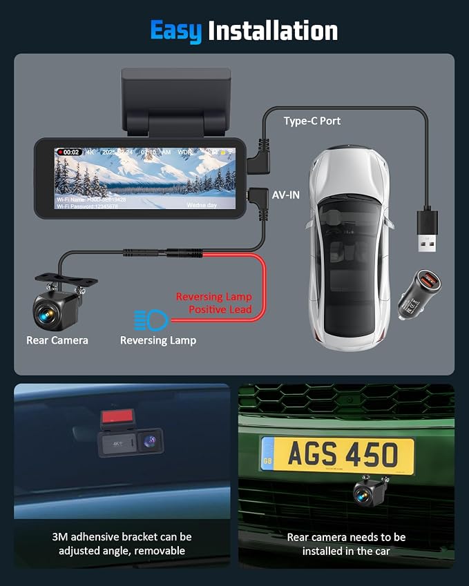 4K Dash Cam, 4K+2K Dash Cam Front and Rear W/ 5GHz WiFi & APP Control 64GB Included, 3.2" IPS Screen Car Dash Cam W/ 24H Parking Monitor, G-Sensor Night Vision, Loop Recording