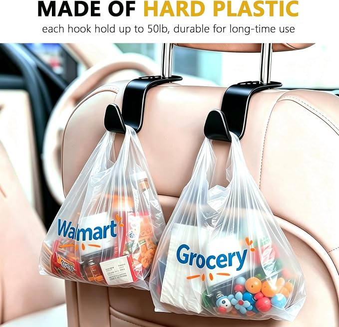 4 Pack Car Back Seat Headrest Hook Hanger for Purse Grocery Bag Handbag Hat, Purse Hook for Car with Clip