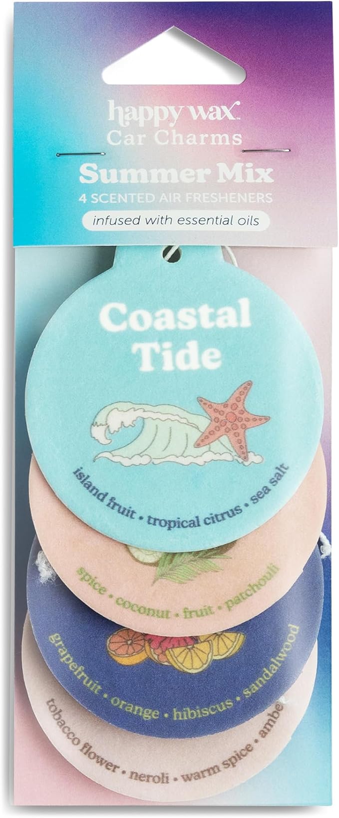Summer Mix Car Charms 4-Pack Included Scents: Coastal Tide, Bronzed Coconut, Tropical Citrus, Florence