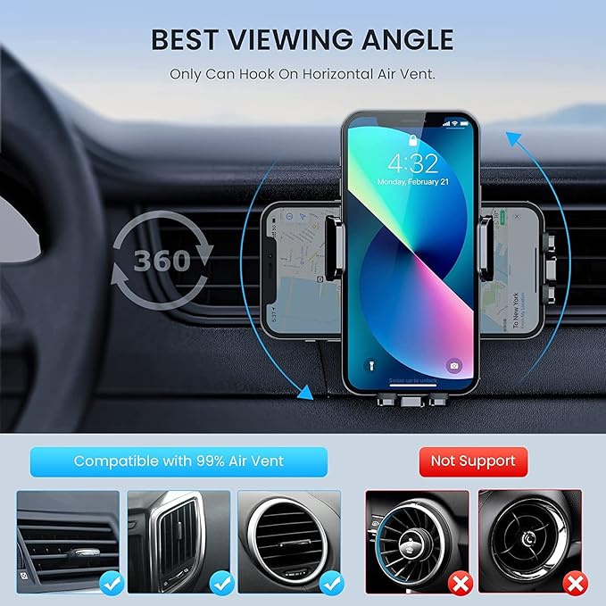 Car Vent Phone Mount for Car [Military-Grade Hook Clip] Phone Stand for Car [Thick Cases Friendly] Air Vent Clip Cell Phone Holder for Smartphone, iPhone, Automobile Cradles Universal.