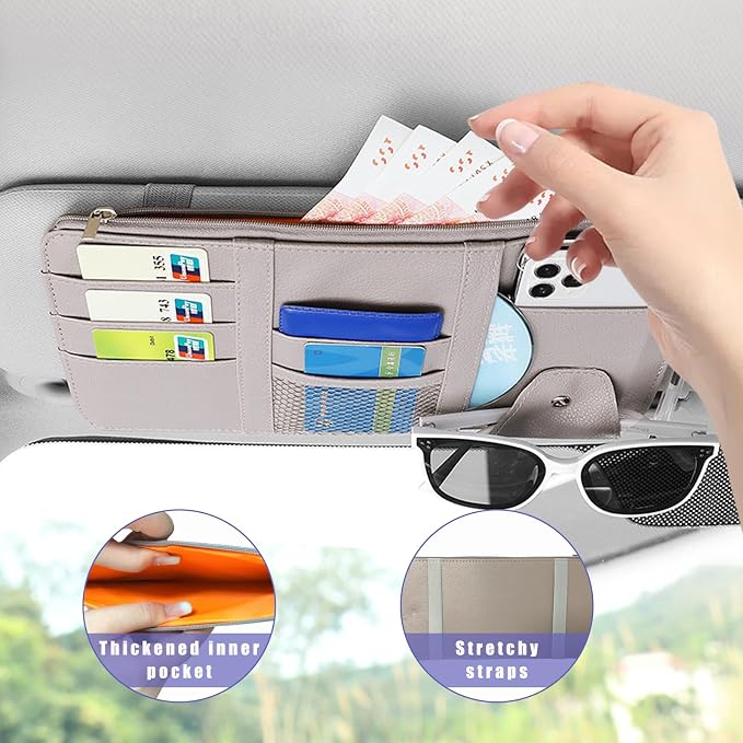 Car Sun Visor Organizer, Leather Multi-Pocket Auto Visor Storage Pocket Pouch Holder with Zipper, Vehicle Interior Accessories for Car Truck SUV Sun Visor Case Bag (Gray)