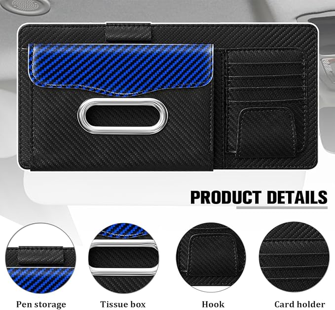 Car Sun Visor Organizer, Carbon Fiber Visor Glasses Tissue Card Holder Storage Pocket Pouch, Multifunctional Auto Sunshade Organizer Case Bag for Pens Documents Napkin, Universal Fit (Blue)