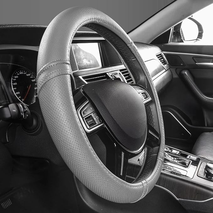 Classical Leather Automotive Universal Steering Wheel Covers,Universal Fit for Suvs,Trucks,Sedans,Cars,Vans,14.5-15inch Anti-Slip Safety Comfortable Desgin(Gray)
