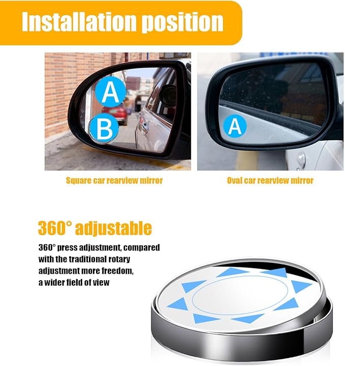 2 PCS Car Reversing Blind Spot Mirror, 2.16" x 0.39" High-definition Glass 360° Large Viewing Angle Round Mirror, Self-adhesive ABS Anti-collision Shell, Compatible with Most Models (Black)