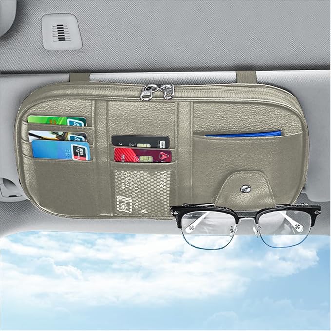 Car Sun Visor Organizer, Sunglass Holder and Storage Pocket, Card Cash Pouch with Multi-Pocket Net Zipper, Case Bag for License Pen Key, Auto Interior Accessories for Truck, SUV, Van (Beige)
