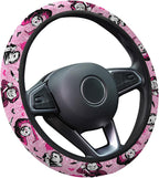 Pink Retro Horror Mask Steering Wheel Cover, Non-Slip Polyester Wheel Grip, Universal 15 Inch Car Accessory