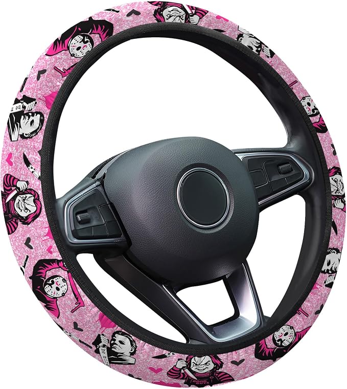 Pink Retro Horror Mask Steering Wheel Cover, Non-Slip Polyester Wheel Grip, Universal 15 Inch Car Accessory