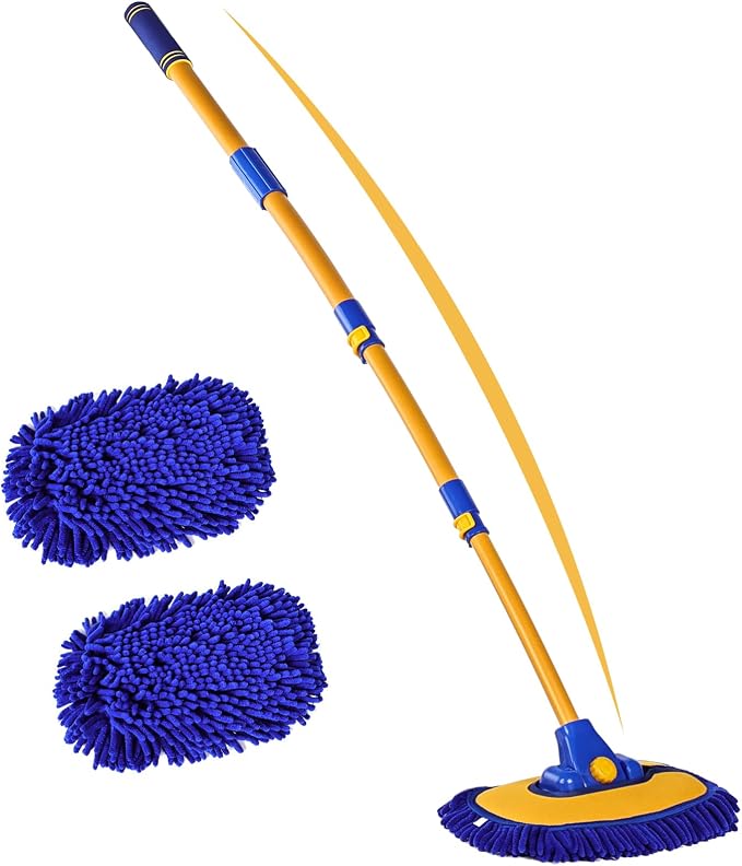 56.7" Car Wash Brush Mop Kit Mitt Sponge with Long Handle Car Cleaning Supplies Kit Tools Car Washing Duster Exterior Scratch Free, Chenille Replacement Head Extension Pole