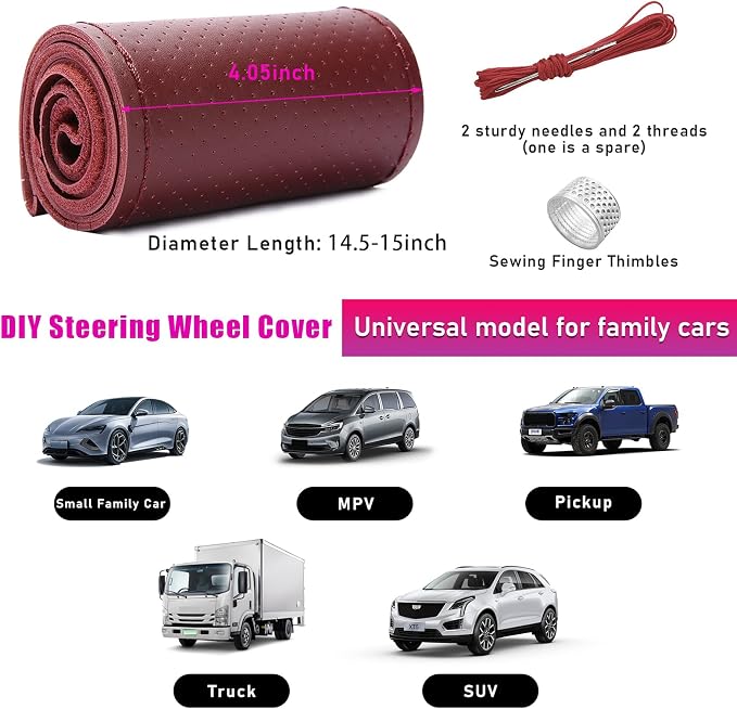 Genuine Leather Steering Wheel Cover, Stitch on Wrap, Breathable Anti-Slip Car Steering Wheel Protector for Max Diameter 15 Inch, DIY Sewing with Needles Thread (Wine Red, Hole)