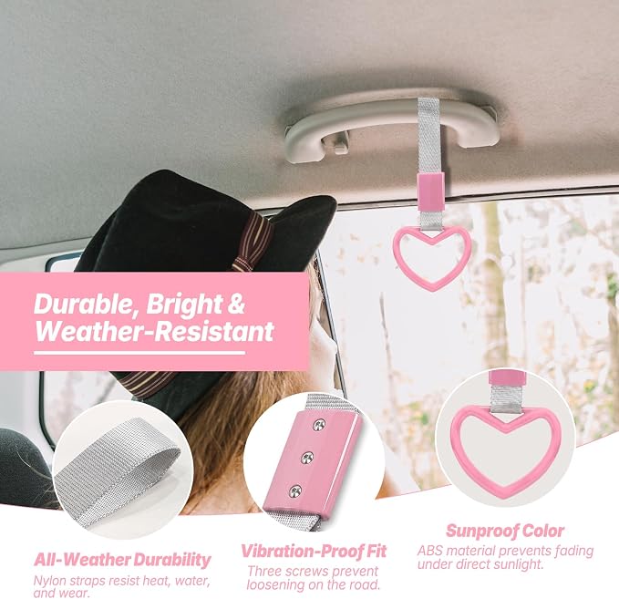 2 Pcs Heart Shaped Car Handle Strap – JD M Drift Charm Rear Bumper Warning Ring Decor for Car Interior Exterior, Subway Bus Handle Accessory, Cute Heart Car Decor Gift for Drivers (Pink-Silver)