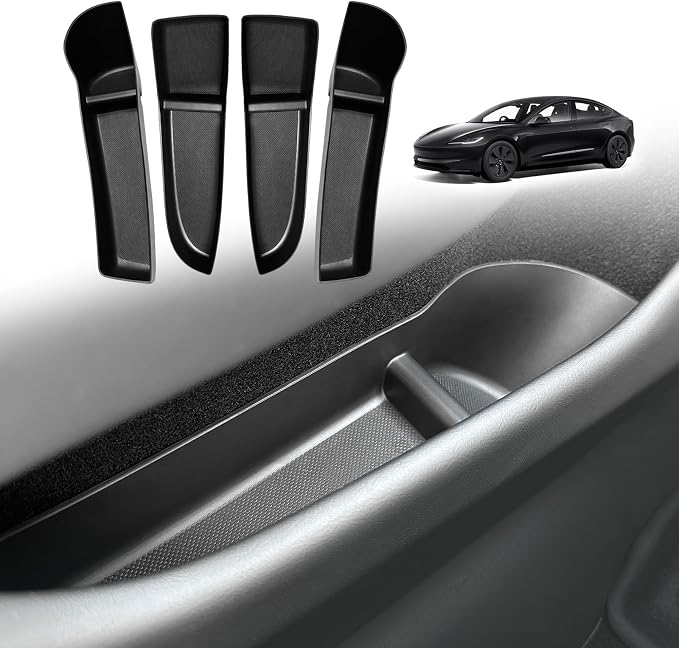 Door Side Handle Storage Box Armrest Tray TPE Organizer Anti-Slip Easy to Clean Set of 4 Compatible with 2025 2024 Refreshed Tesla Model 3 Highland Accessories