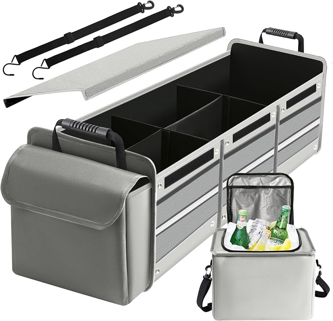 Snuopfy,115L Heavy Duty Collapsible Trunk Storage, with Insulated Leakproof Cooler Bag Vehicle Cargo Organizer with Lid, 3 Compartments, Straps For Car,Suv,Jeep,Sedan-Grey