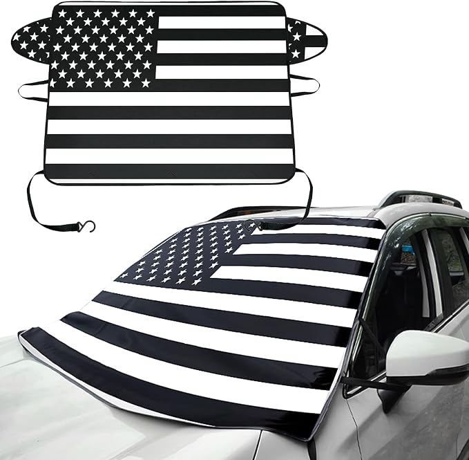 1 PC Car Windshield Snow Cover, American Flag Design Snow & Ice Protection De-Frost Cover, 69" x 42" Four Seasons Universal Shade Anti-UV Cover, Auto Universal Accessories (Black)