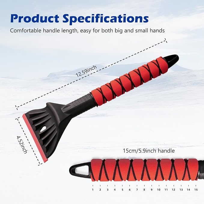 Professional Ice Scraper and Snow Brush for Cars, 2-in-1 Winter Snow Removal Tool with Ergonomic Foam Grip, ABS Ice Chopper for Windshield, Window, and Vehicle Snow Cleanup (Red 2PC)
