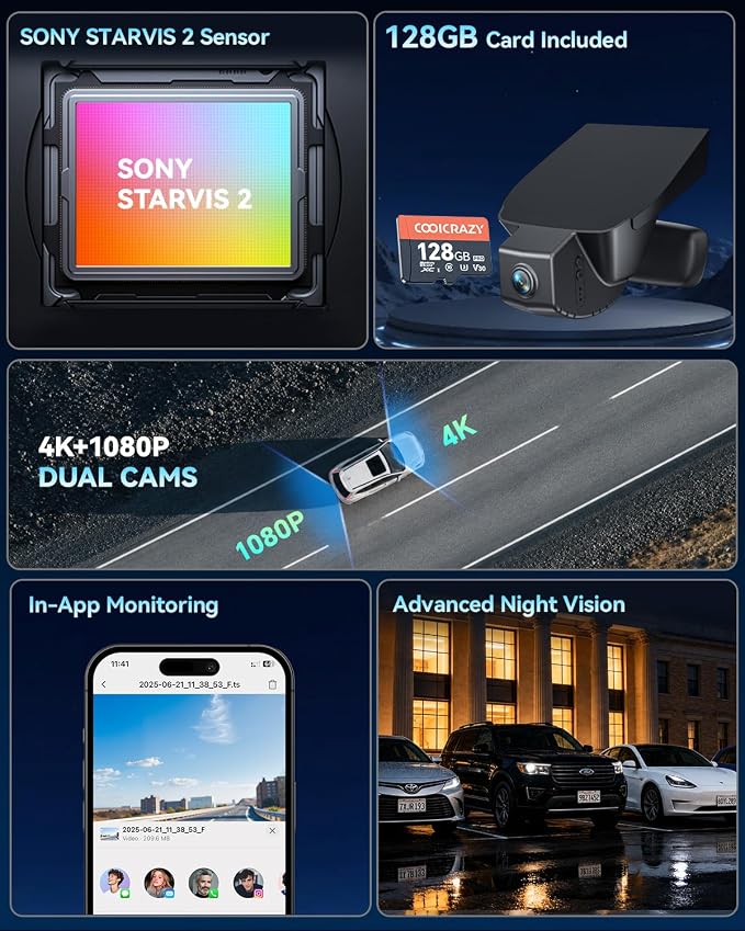 4K UHD STARVIS 2 Dash Cam for Honda Civic, Front Camera with Loop Recording, Gravity Sensor, WiFi & App, Plug & Play