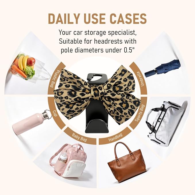 Bow Car Hooks for Purses and Bags, 2 Pack Cute Car Purse Hook, Universal Car Seat Headrest Hooks Bag Holder, Bow Car Accessories, Automotive Purse Hook Hanger Interior Decoration Accessories (Leopard)