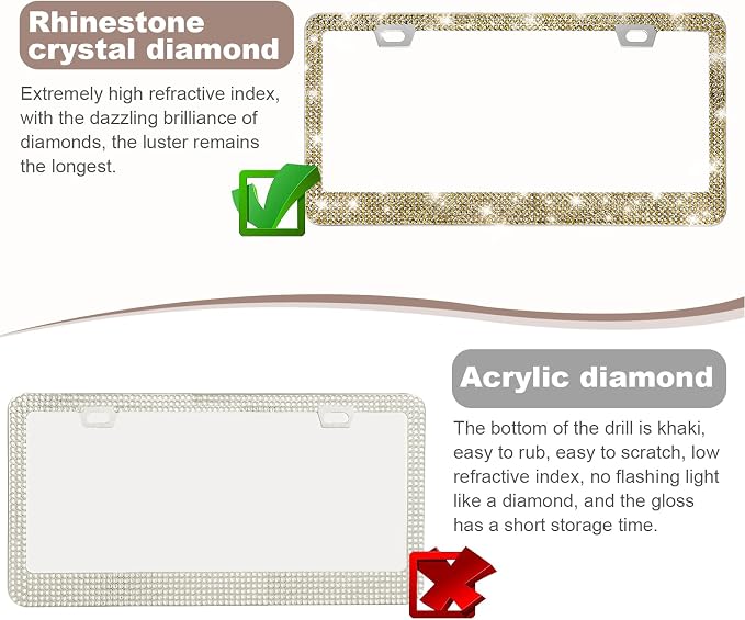 2 Pack Bling License Plate Frames for Women, Sparkly Rhinestone Diamond Car Accessories with Glitter Crystal Caps (Gold)