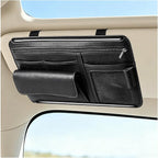 Car Sun Visor Organizer, Scratch-Resistant Auto Visor Glasses Storage Bag with Multi-Pocket Net Zipper, Waterproof Leather Sunshade Organizer Card Holder for Most Vehicles (Black)