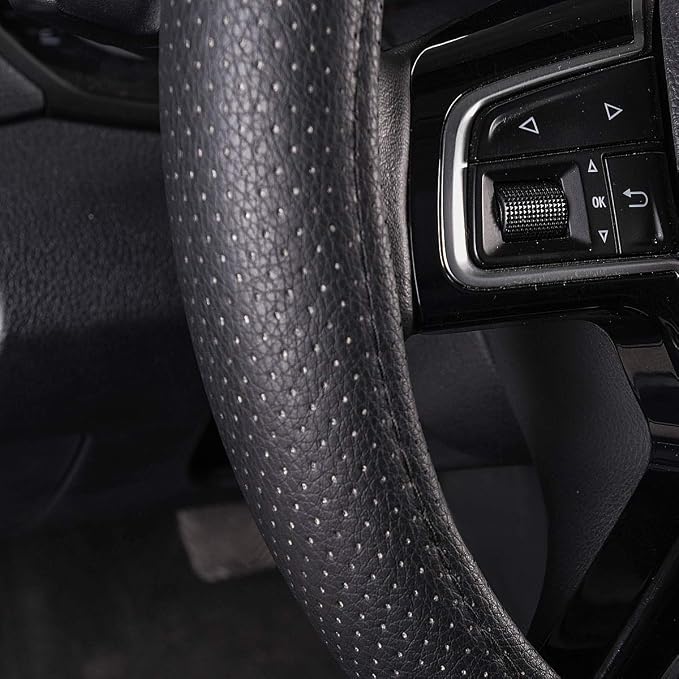 Classical Leather Automotive Universal Steering Wheel Covers,Universal Fit for Suvs,Trucks,Sedans,Cars,Vans,14.5-15inch Anti-Slip Safety Comfortable Desgin(Black)