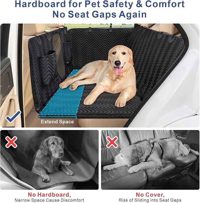 Dog Car Seat Cover - Hard Bottom Backseat Extender, Black | Back Seat, Waterproof Hammock, Thick Sponge, Supports 400 lbs, Seat Protector, Pets, Cars, SUVs, Trucks