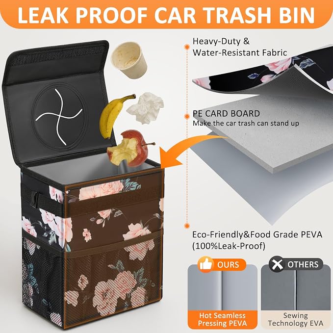 4.2 Gallons Car Trash Can with Lid, Bag Bin Hanging Waterproof Automotive Car Garbage Cans Leak Proof Vehicle Trash Can for Truck SUV,Black Floral