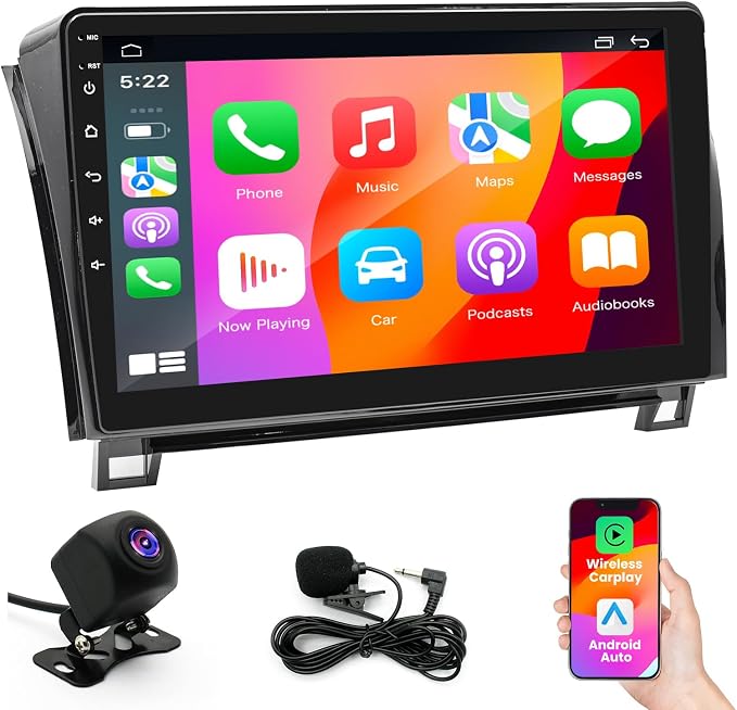 8-core 4+64G Car Stereo Radio for Toyota Tundra 2007-2013, for Toyota Sequoia 2008-2018, 10" IPS HD Touch Screen Radio with Wireless CarPlay/Android Auto/WiFi/GPS/Bluetooth/FM/SWC/Backup Camera/Mic