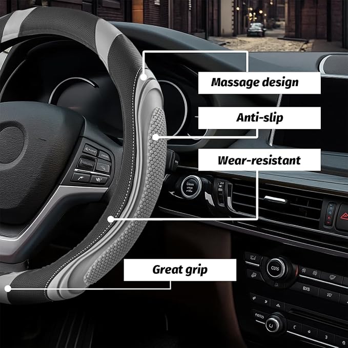 15 Inch Car Leather Steering Wheel Cover, Automotive Accessories Elastic Breathable Anti-Slip Soft Wheel Protector Fits Men and Women, Suitable for SUVs, Trucks, Vehicles and RVs (Light Gray)