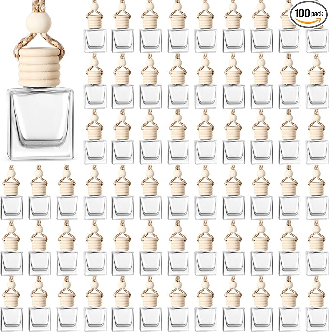 100 Pcs Car Air Fresheners Diffuser with Wooden Cap Empty Aromatherapy Diffuser Clear Car Fragrance Holder Pendant Hanging Perfume Fresheners Bottles for Decor(Cube,Clear)