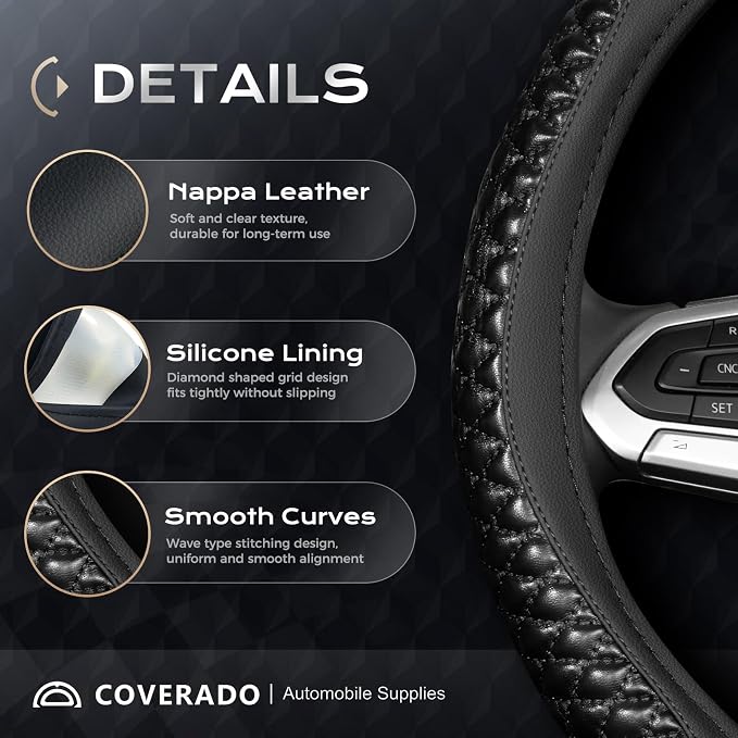 Coverado Car Steering Wheel Cover, Nappa Leather Black Steering Wheel Covers, Universal 14-15 inch, Anti-Slip, Breathable Steering Wheel Protector for Women Men