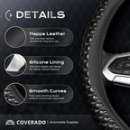 Coverado Nappa Leather Steering Wheel Cover Universal 14-15 Inch Anti-Slip Breathable Steering Wheel Protector Luxury Auto Decor for Men Women Blackline